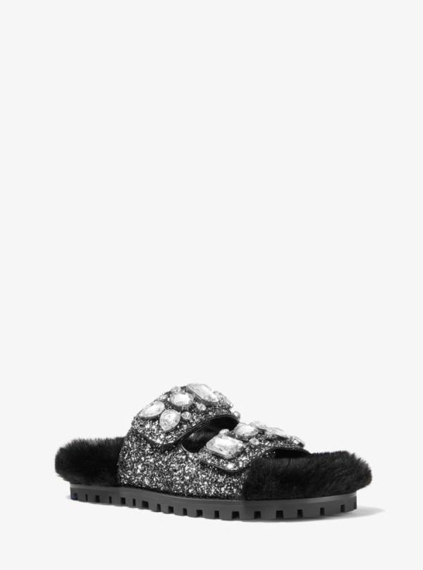 Damske Slapky Michael Kors Stark Embellished Glitter and Faux Fur Čierne Strieborne - Topanky Michael Kors Sleva | AVMRS-6357